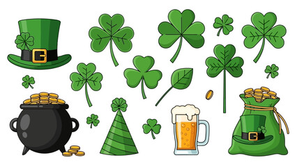 St. Patrick's Day themed clip art featuring shamrocks, a pot of gold, and beer.