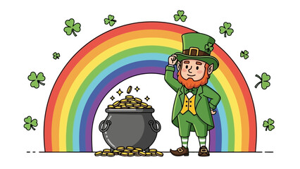 A leprechaun stands next to a pot of gold under a vibrant rainbow, surrounded by shamrocks.