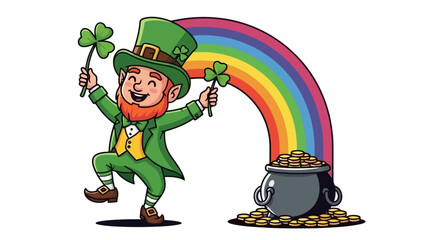 A cartoon leprechaun dances with shamrocks near a pot of gold at the end of a rainbow.
