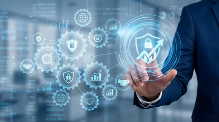 Businessman pointing at virtual gear mechanism with shield and lock icons,concept of operational safety,system security management,risk control and protection strategy process.