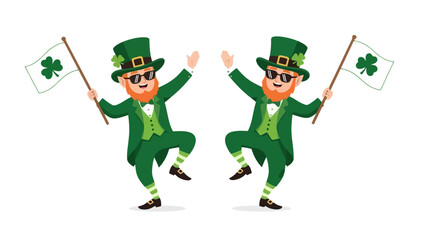 Two cartoon leprechauns in green outfits, hats, and sunglasses, holding flags with shamrocks.