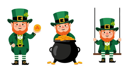 Three leprechauns in green suits, one holding a coin, one with a pot of gold, and one on a swing.
