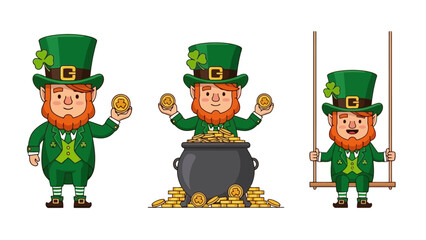 Three cartoon leprechauns in green outfits, one holding gold coins, another with a pot of gold, and the third on a swing.