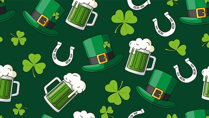 A festive St. Patrick's Day themed seamless pattern featuring green leprechaun hats, frothy mugs of beer, and lucky four-leaf clovers on a dark green background.