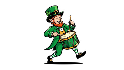 Leprechaun playing a drum, wearing green suit and hat with shamrock.
