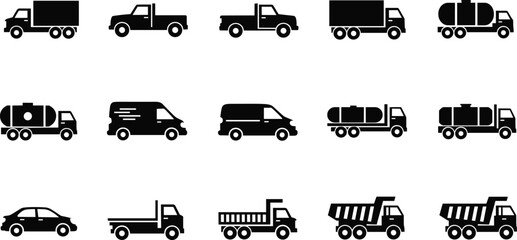 Black silhouette vector illustration of multiple vehicles including trucks, vans, sedans, dump trucks, tanker trucks, transport icons automotive artwork design © Maminul