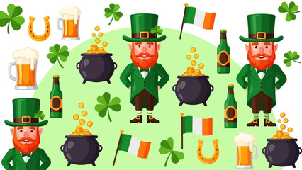 Fototapeta premium St. Patrick's Day themed illustration featuring leprechauns, pots of gold, beer, and Irish flags.