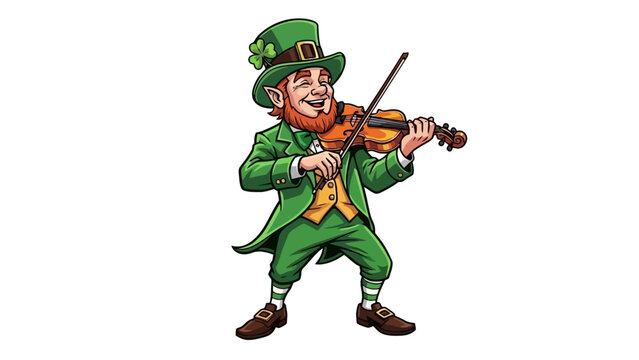 A cheerful leprechaun wearing a green suit and hat, playing a violin with glee.
