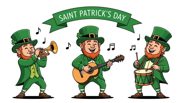 Three cheerful leprechauns in green outfits playing musical instruments and celebrating Saint Patrick's Day with music and joy.