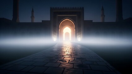 Mysterious Archway with Light at Night.