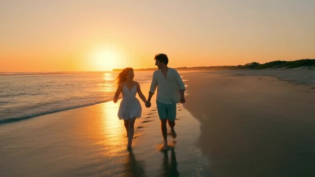 Happy Couple Running on the Beach in the Sunset