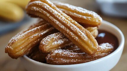 Golden crispy churros dusted with powdered sugar served in a white bowl with rich chocolate
