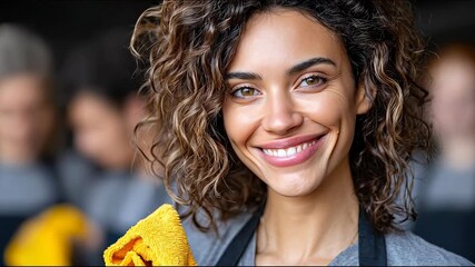 Woman smiling holding cloth clean service