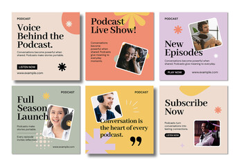 Minimal Podcast Social Media Post Template Set for Live Show