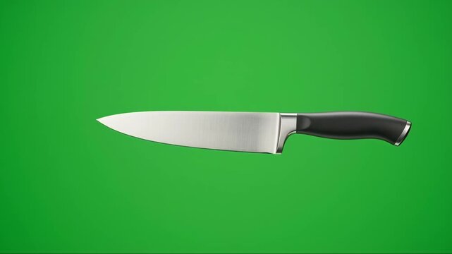 A sharp kitchen knife with a black handle on a green background