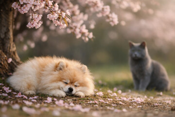 Obraz premium AI generated A Pomeranian rests peacefully under blooming cherry blossom tree while Russian Blue cat watches from a distance. The scene is serene and tranquil, evoking feelings of calm and relaxation.