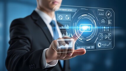 Business professional interacting with a futuristic digital interface and data visualization