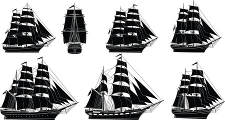 Black silhouette vector of clipper sailing ships from multiple angles with detailed rigging for maritime history, naval design, and illustration use. © Maminul