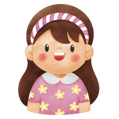 Watercolor Illustration of Cute Smiling Little Girl Character
