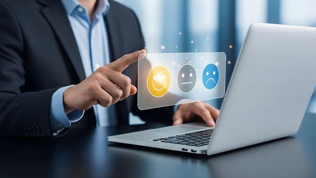 Businessman interacting with virtual interface on laptop in office setting - Powered by Adobe