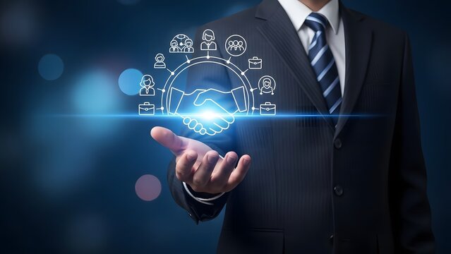 Businessman interacting with futuristic digital interface in a dark background - Powered by Adobe