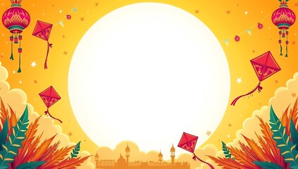 Indian cultural festival celebration background with colorful flying kites, traditional lanterns with copy space in middle