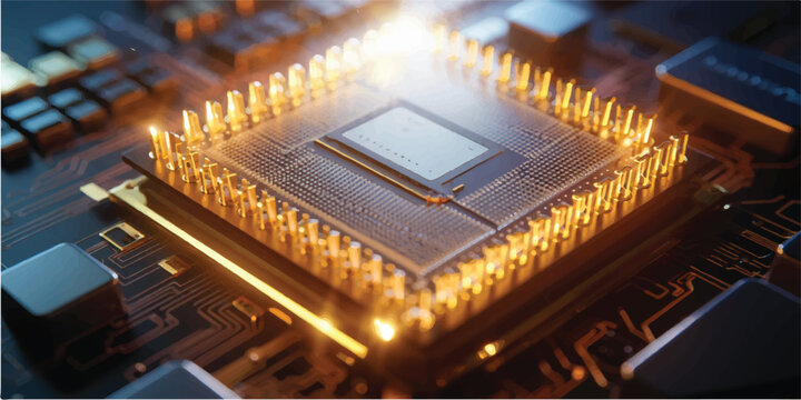 Macro shot of a high-tech electronic motherboard featuring a digital semiconductor chip and hardware components essential for modern computer engineering and data processing