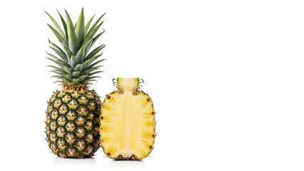 Pineapple isolated Whole pineapple with half and leaves Whole and cut half pineapple on white Full d