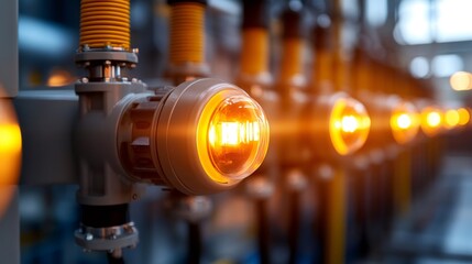 Industrial control panel showing glowing amber signal indicators
