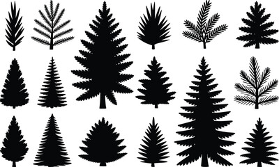 Black pine tree silhouettes collection featuring coniferous forest evergreens spruce fir branches and needles isolated on white background for nature design. © Arman Creatives