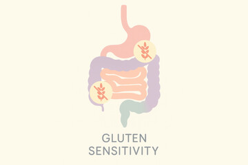 Minimalist pastel layered illustration showing digestive tract. concept for gluten sensitivity, digestive health, and discomfort of intolerance. Simple clean graphic design