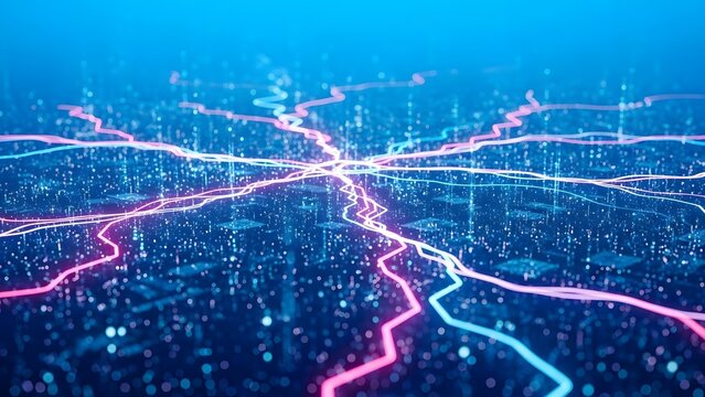 Abstract digital network visualization of glowing data streams representing global connectivity, advanced technology, artificial intelligence, and high-speed information processing - Powered by Adobe