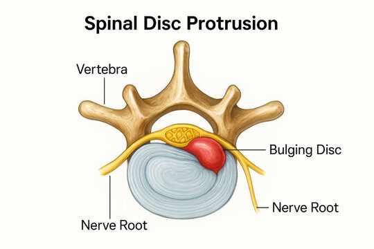 Painful spinal disc protrusion medical illustration. An educational diagram showing vertebra cross section with bulging disc compressing nerve root, detailing spine anatomy