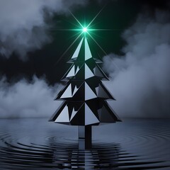 A futuristic, geometric Christmas tree emerges from dark water under a misty sky
