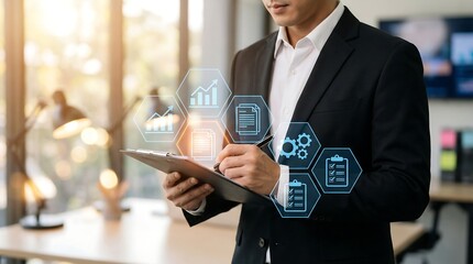 Professional businessman analyzing global business data and digital transformation strategies on tablet