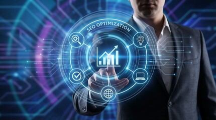 Business professional analyzing SEO optimization growth with digital real estate analytics and global strategy