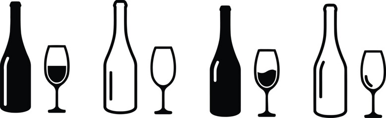 Collection of Wine Bottle and Glass Icons in Various Shape and Style for Beverage Alcoholic Drink Food and Restaurant Concept Isolated on Transparent Background with Black Stroke Line Design