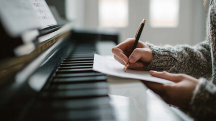 composer writing music at piano, hand writing sheet music, classical music composition
