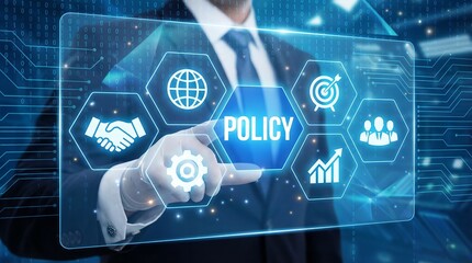 Business professional touching digital policy interface with global technology and compliance icons
