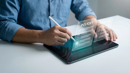 Business professional carefully examines digital policies on a modern transparent tablet, symbolizing corporate compliance, governance, and technology integration in the workplace.