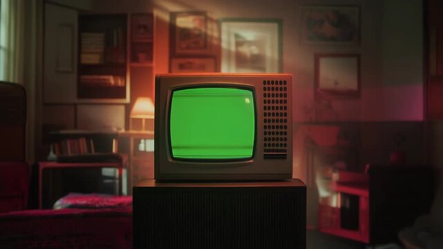 Vintage Cathode Ray Tube Television with Vibrant Green Screen Display Retro Cinematic Lighting Subtle Film Grain