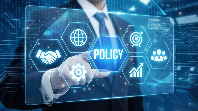 Business professional touching digital policy interface with global technology and compliance icons - Powered by Adobe