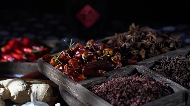 Footage of natural Chinese seasonings, featuring traditional spices and condiments, representing healthy cooking, authentic flavor, and Chinese culinary culture.
