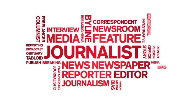 Journalist animated word cloud-text design animation tag kinetic typography seamless loop.
