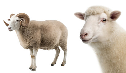 Ram and Sheep Head on White Background