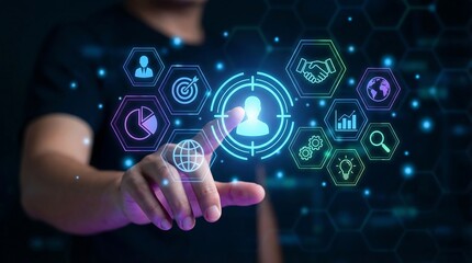 A person's hand reaches into a glowing digital interface filled with AI, global connectivity, and innovation icons, symbolizing technology integration in business.