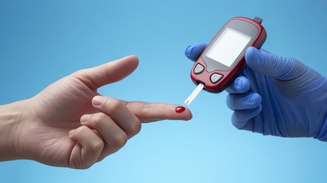 Blood Sugar Check: A close-up view shows a finger being pricked for a blood sugar test, highlighting the importance of health monitoring and disease prevention.
