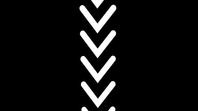 Set of four white chevron arrows pointing downwards in a vertical line on a black background, symbol for scrolling down or navigation