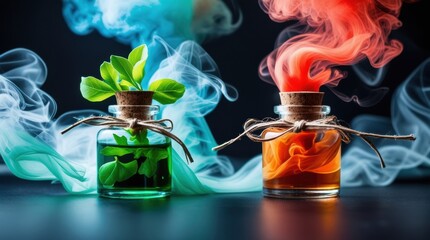 Two magical potions with contrasting colored smoke emanating from them