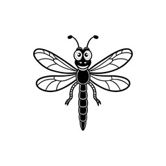 Obraz premium A black and white cartoon illustration of a happy dragonfly with big eyes and a smiling face, depicted in a simple graphic style.